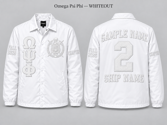 Omega Psi Phi Whiteout line jacket with sample front back and sleeve embroidery
