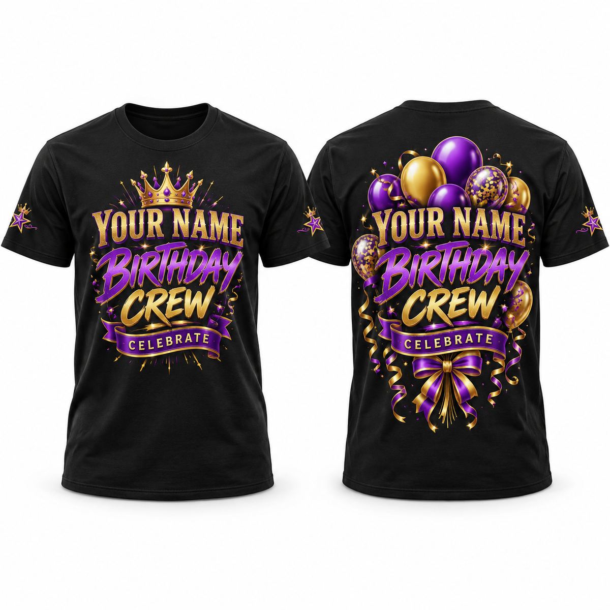 Custom Birthday full-color printed black T-shirt front back and sleeve sample
