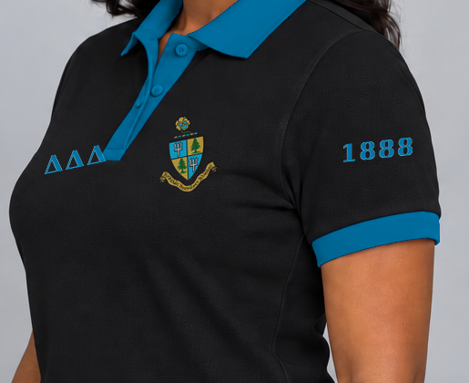 Delta Delta Delta premium embroidered black solid contrast trim polo on model - founding year sleeve detail