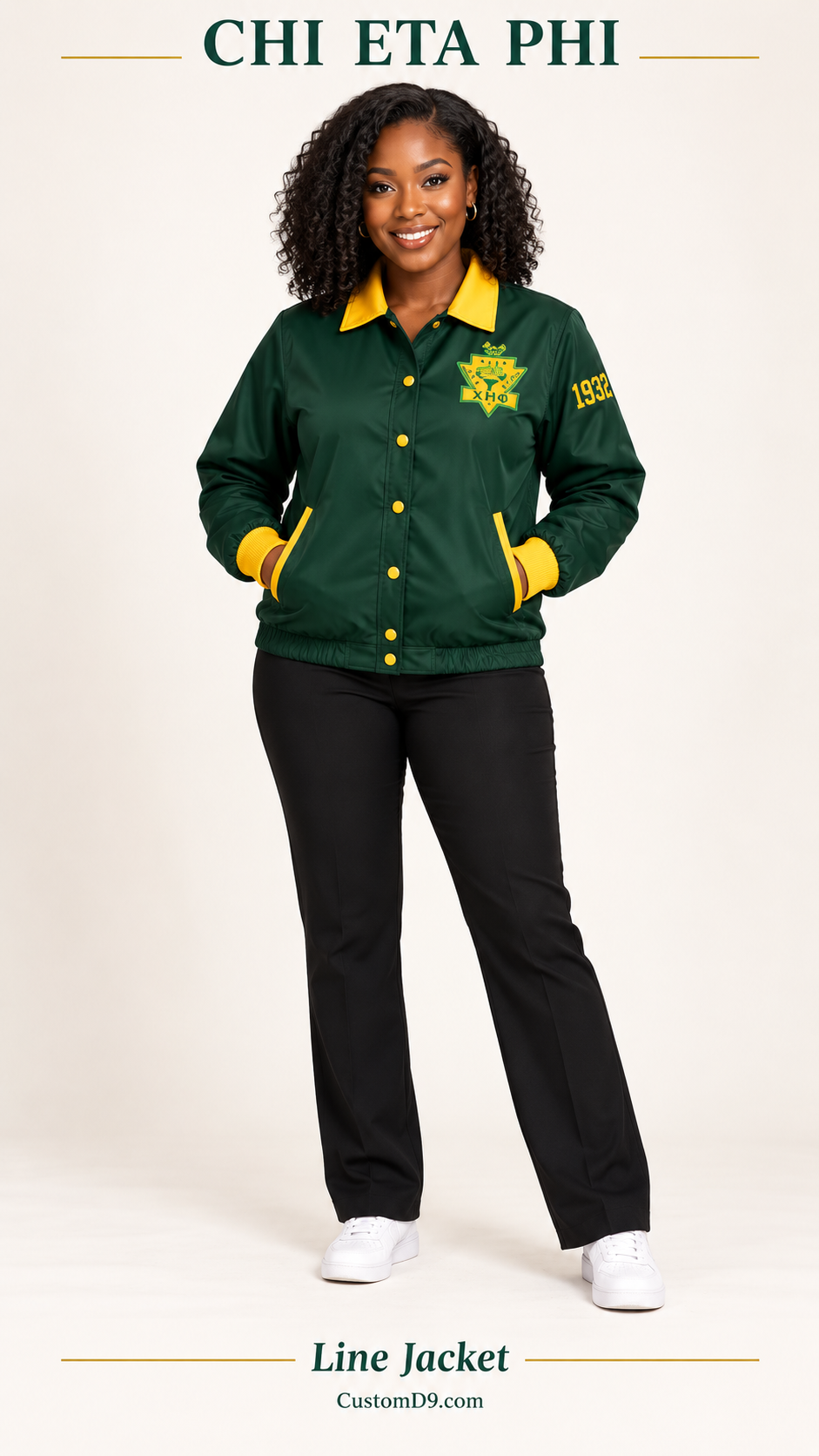 Chi Eta Phi Line Jacket dark green gold shield crest version on model