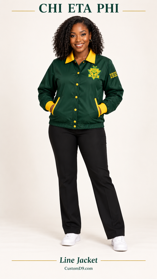 Chi Eta Phi Line Jacket dark green gold shield crest version on model