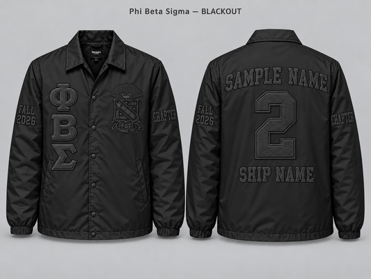 Phi Beta Sigma Blackout line jacket with sample front back and sleeve embroidery