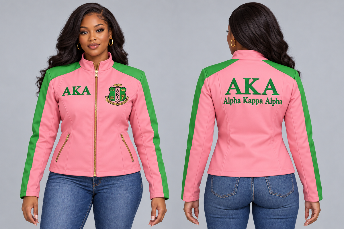 Black woman modeling AKA salmon pink and apple green custom embroidered contrast racing jacket, front and back views.