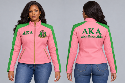 Black woman modeling AKA salmon pink and apple green custom embroidered contrast racing jacket, front and back views.