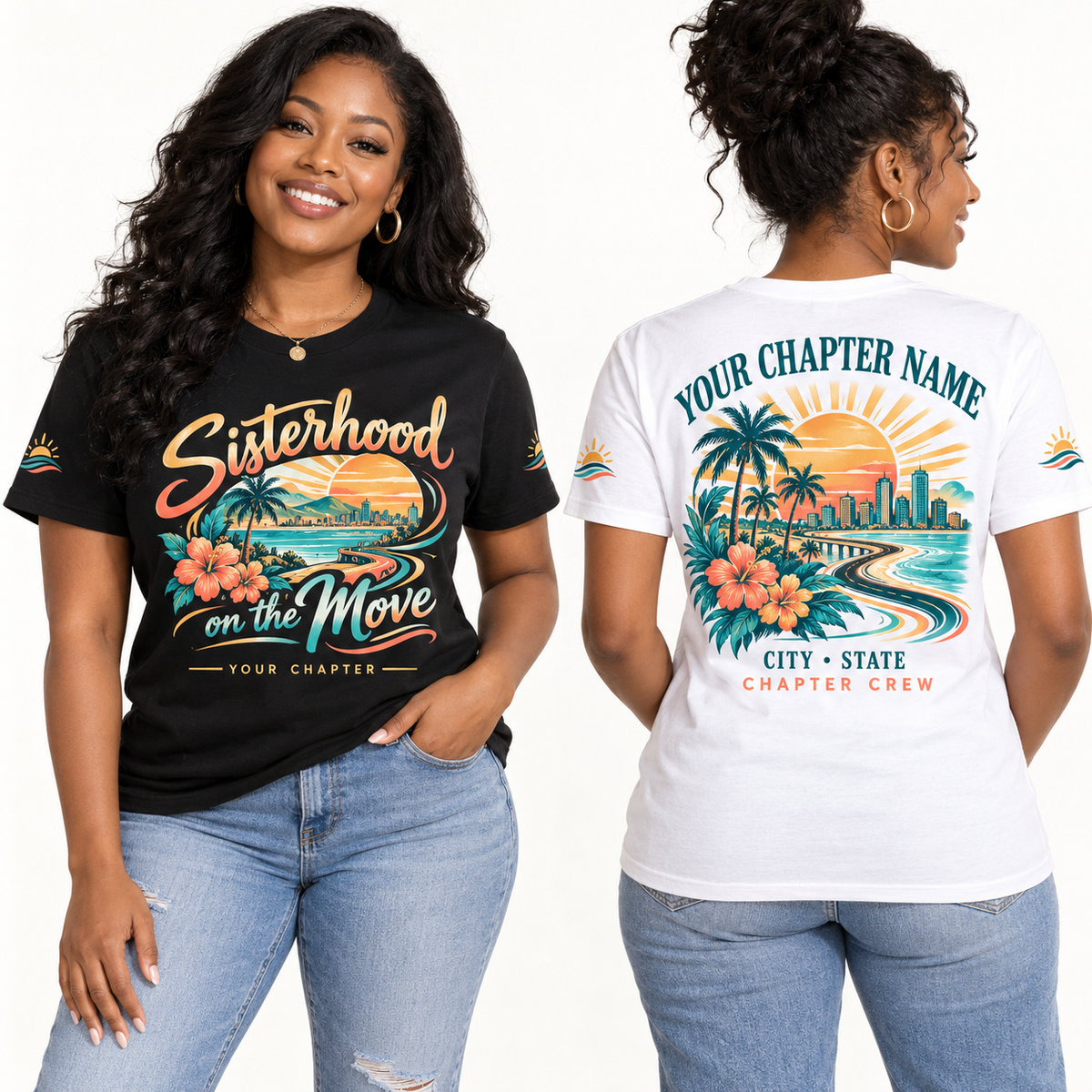 Custom Sorority Sisterhood on the Move chapter group shirt on models