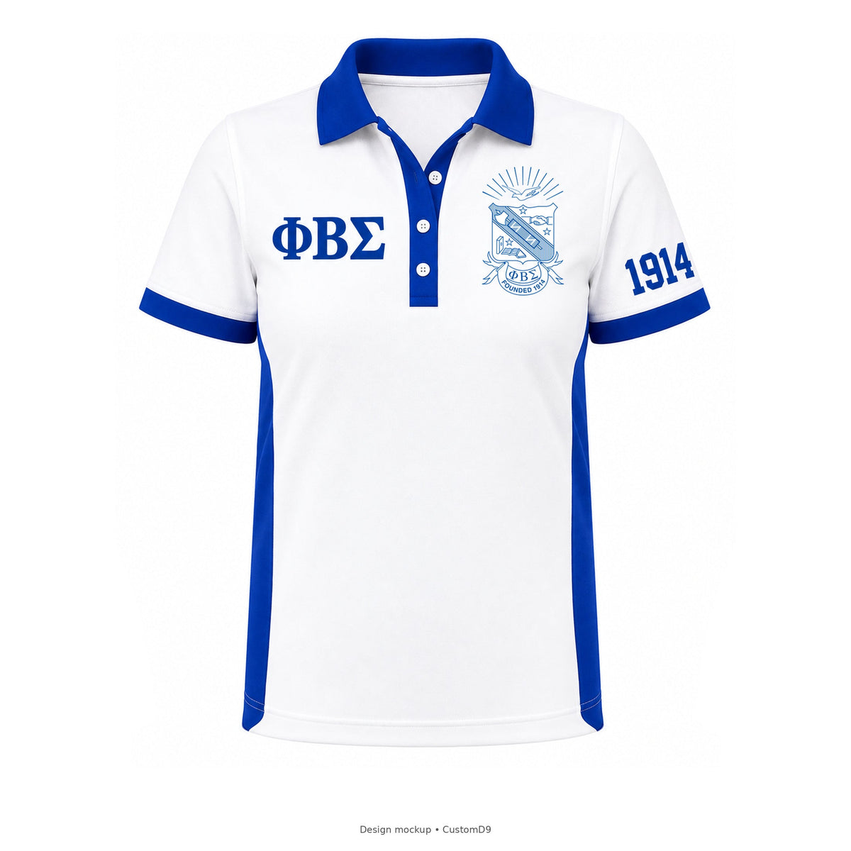 Design mockup: Phi Beta Sigma men's straight-sided white panel polo with royal blue side inserts and trim, exact official shield and 1914 on wearer's left sleeve