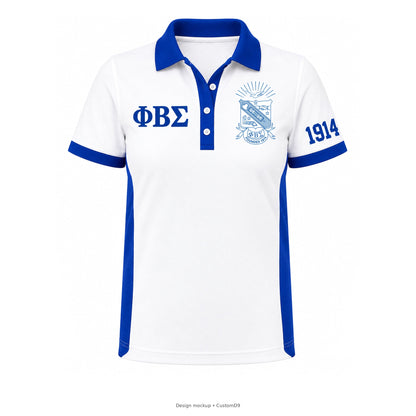 Design mockup: Phi Beta Sigma men's straight-sided white panel polo with royal blue side inserts and trim, exact official shield and 1914 on wearer's left sleeve