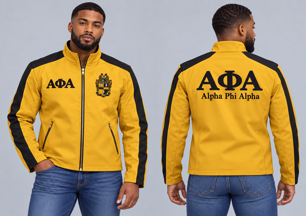 Black man modeling Alpha Phi Alpha old gold and black custom embroidered contrast racing jacket, front and back views.