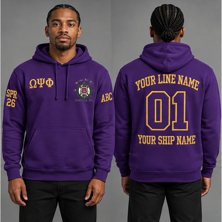 Omega Psi Phi Royal Purple and Old Gold personalized pullover hoodie on an adult model, original supplied crest and ΩΨΦ letters, sample line name, line number 01, ship name, crossing year and chapter initials.