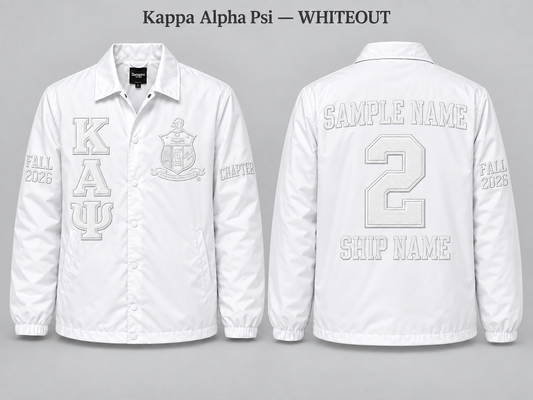Kappa Alpha Psi Whiteout line jacket with sample front back and sleeve embroidery