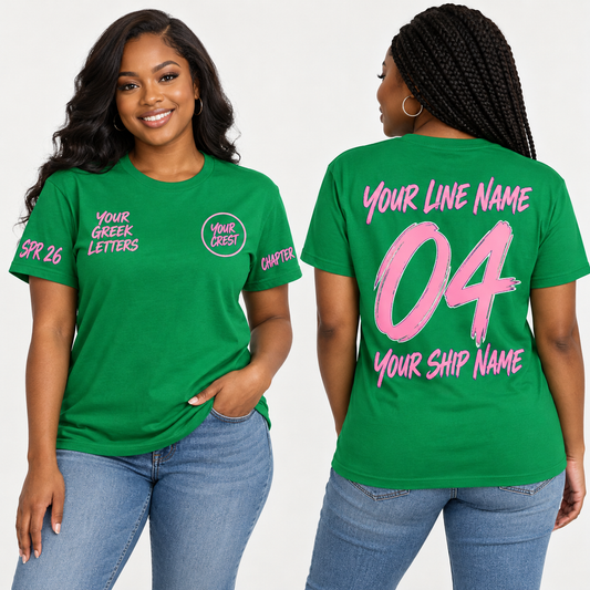 Sorority line shirt Brush Script Kelly Green with line name number ship name chapter and crossing year