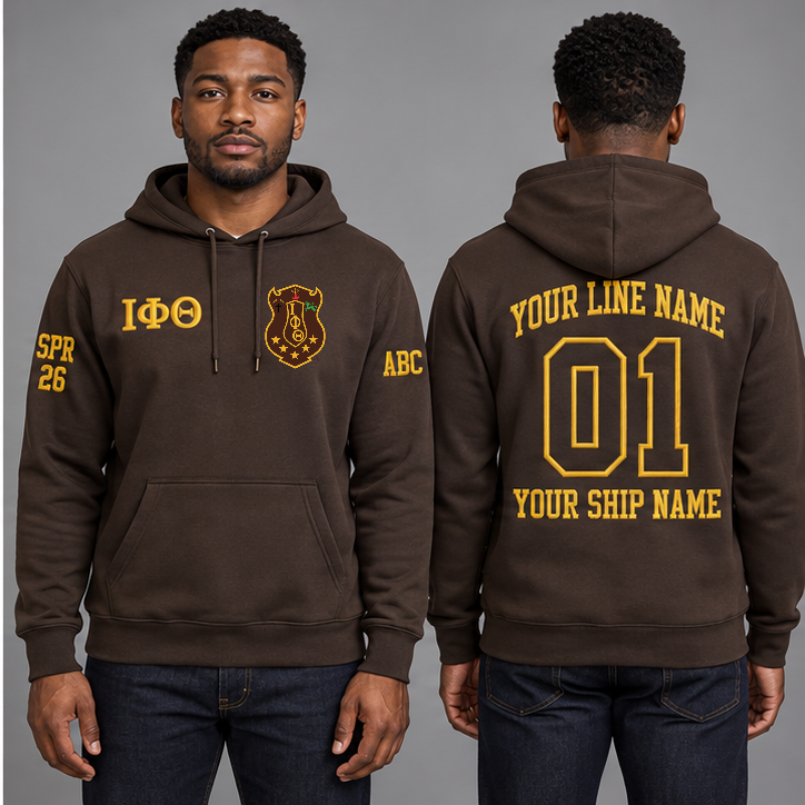 Iota Phi Theta Charcoal Brown and Gilded Gold personalized pullover hoodie on an adult model, original supplied crest and ΙΦΘ letters, sample line name, line number 01, ship name, crossing year and chapter initials.