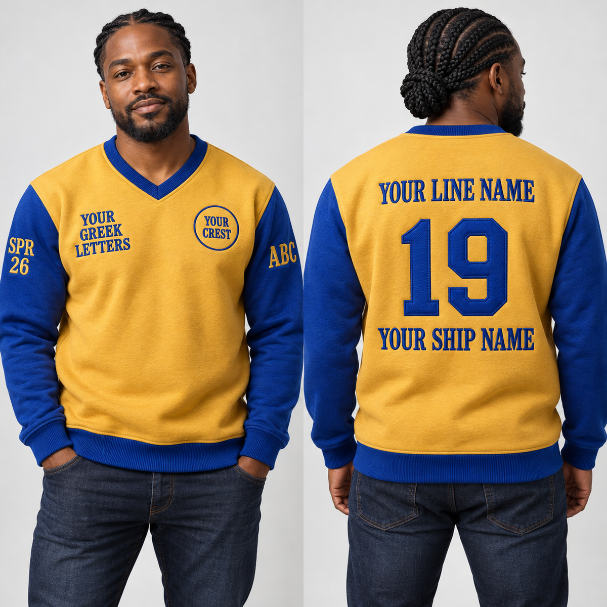 V-Neck Sweatshirt Gold Royal Blue embroidered line name number ship name front back and sleeves on model