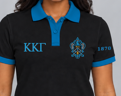 Kappa Kappa Gamma premium embroidered black solid contrast trim polo on model - chest embroidery close-up