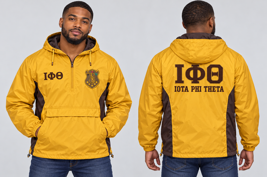 Black man modeling Iota Phi Theta gilded gold and charcoal brown custom embroidered men's hooded anorak windbreaker jacket, front and back views.