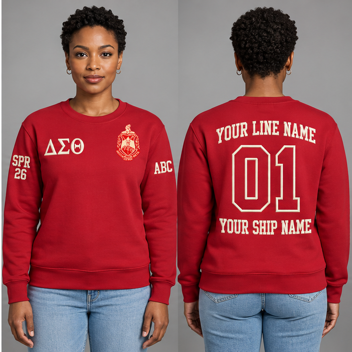Delta Sigma Theta Crimson crewneck sweatshirt on an adult model, Cream Greek letters ΔΣΘ, original supplied crest, sample line name, line number 01 and ship name, right sleeve SPR 26 and left sleeve ABC.