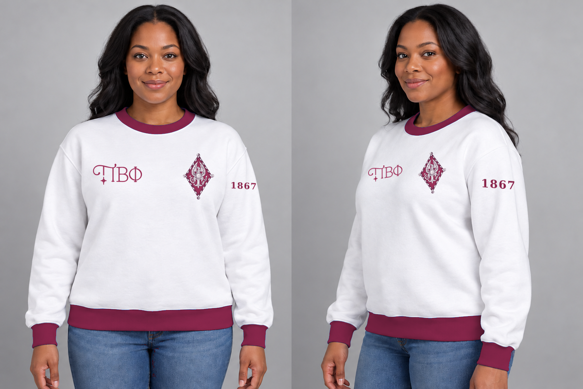 Pi Beta Phi premium embroidered white solid contrast trim crewneck sweatshirt on model - front and side