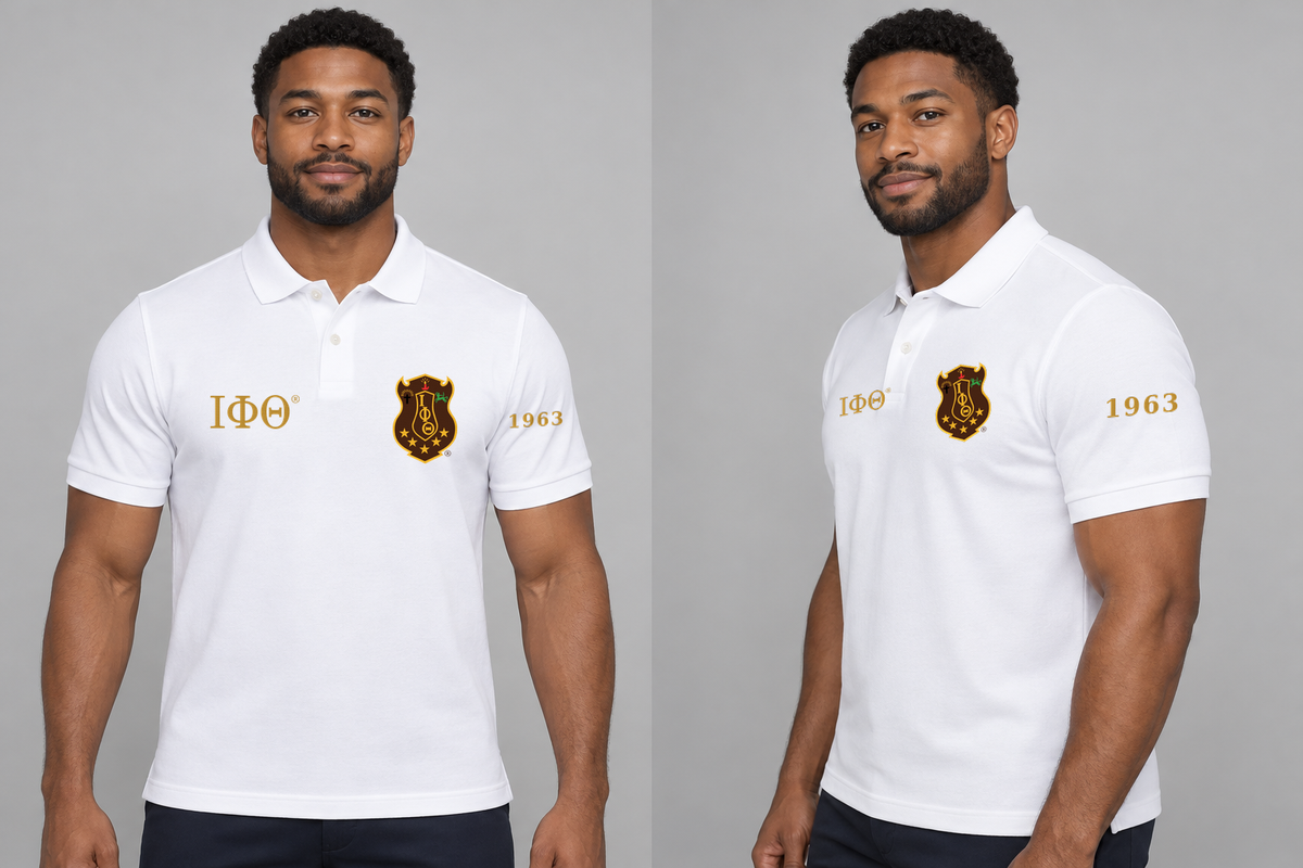 Iota Phi Theta premium embroidered white solid polo on model - front and side