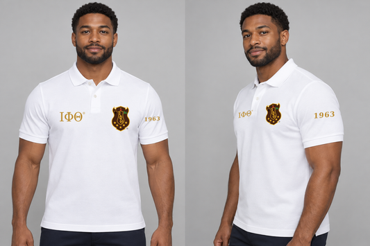 Iota Phi Theta premium embroidered white solid polo on model - front and side