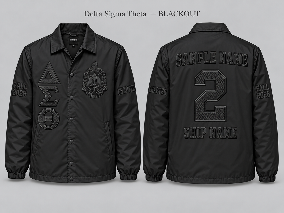 Delta Sigma Theta Blackout line jacket with sample front back and sleeve embroidery