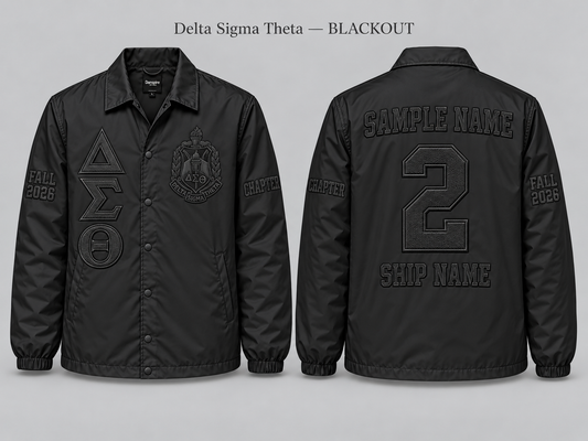 Delta Sigma Theta Blackout line jacket with sample front back and sleeve embroidery