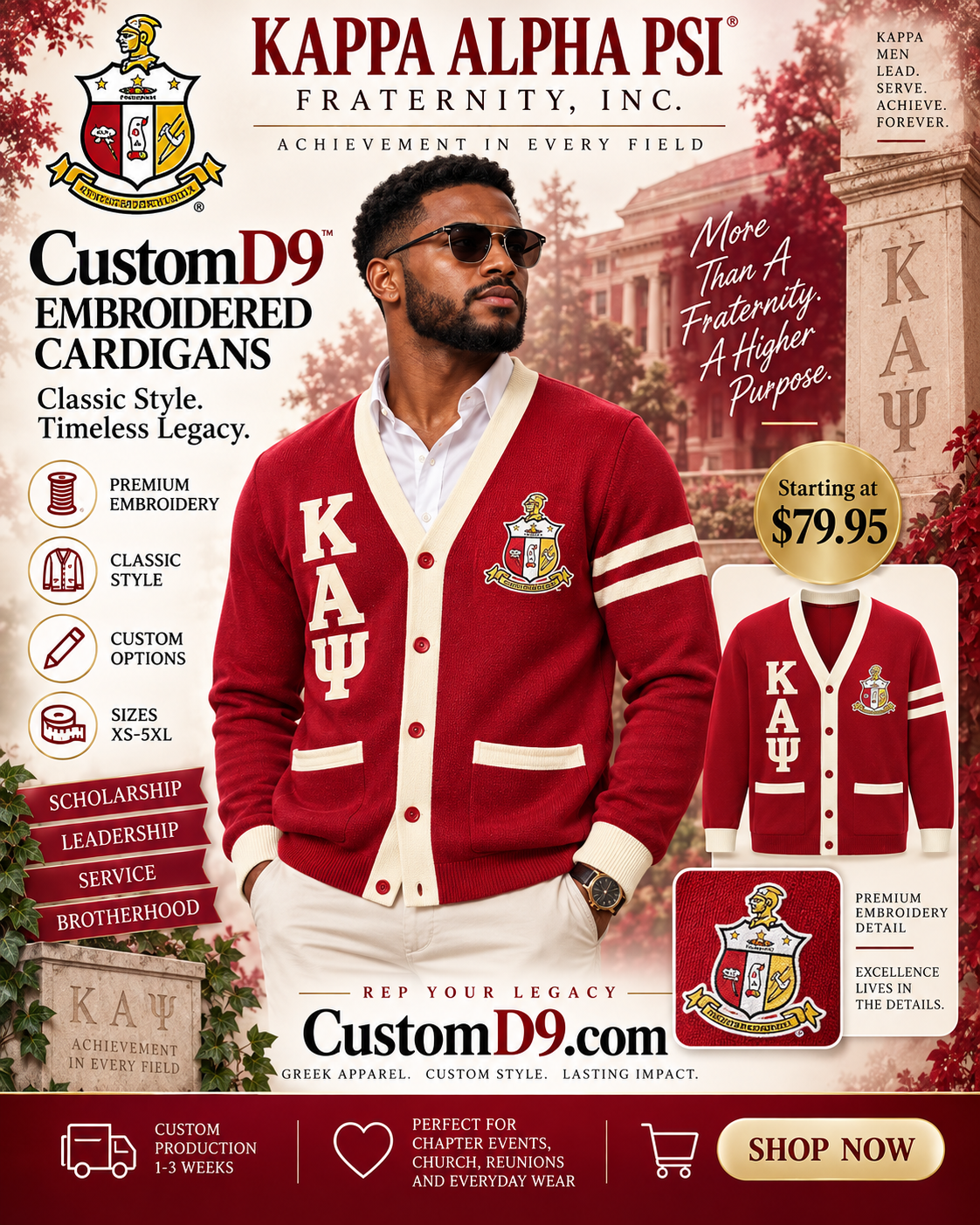 Kappa Alpha Psi crimson and cream embroidered cardigan poster Pirani9