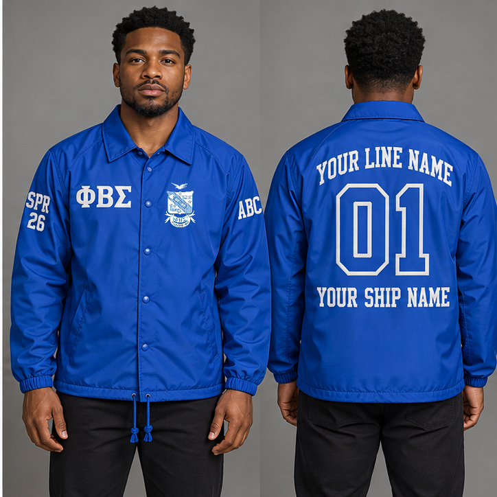 Phi Beta Sigma Royal Blue and White personalized coach line jacket on an adult model, original supplied crest and ΦΒΣ letters, sample line name, line number 01, ship name, crossing year and chapter initials.