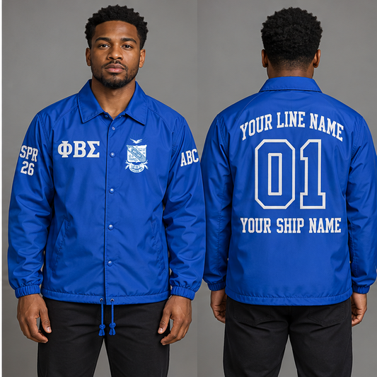 Phi Beta Sigma Royal Blue and White personalized coach line jacket on an adult model, original supplied crest and ΦΒΣ letters, sample line name, line number 01, ship name, crossing year and chapter initials.