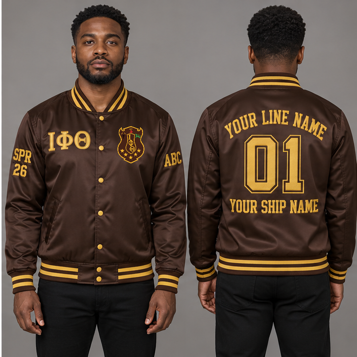 Iota Phi Theta Charcoal Brown and Gilded Gold personalized satin line jacket on an adult model, original supplied crest and ΙΦΘ letters, sample line name, line number 01, ship name, crossing year and chapter initials.