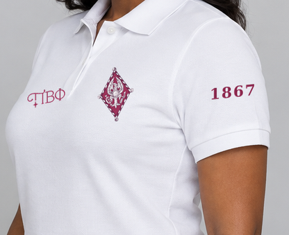 Pi Beta Phi premium embroidered white solid polo on model - founding year sleeve detail