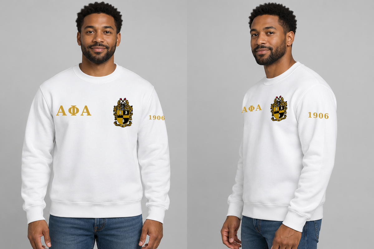Alpha Phi Alpha premium embroidered white solid crewneck sweatshirt on model - front and side