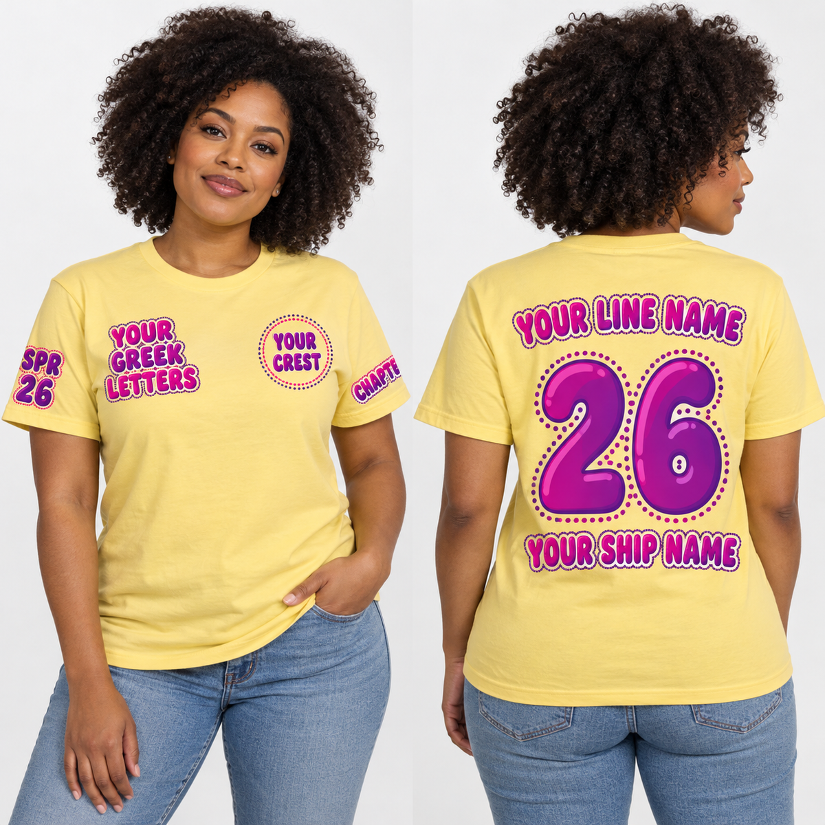 Custom Sorority Soft Bubble + Dotted Outline Yellow Haze line name number ship name crossing shirt