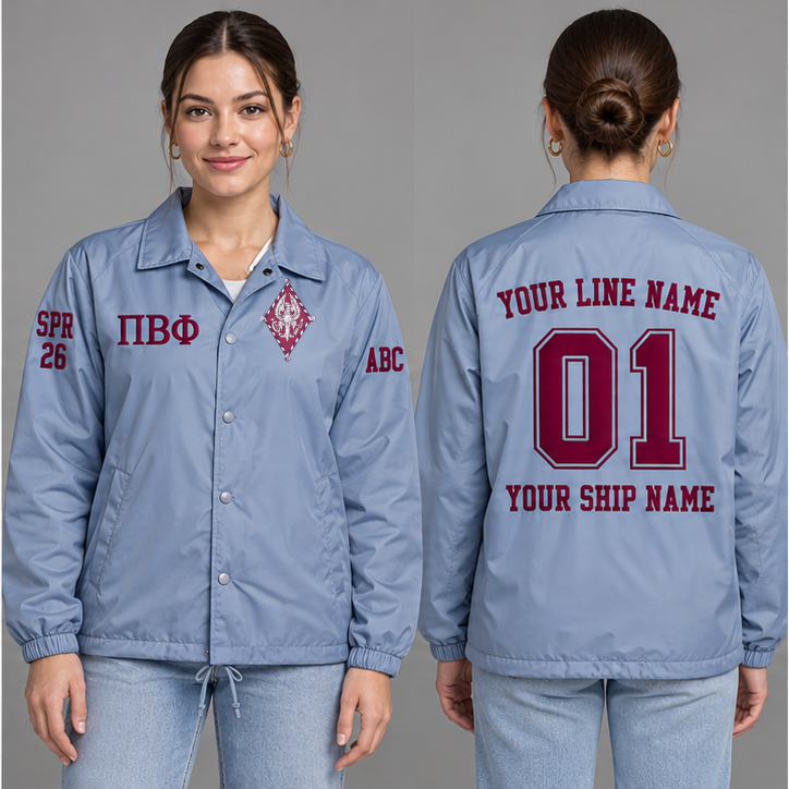 Pi Beta Phi Silvery Blue and Wine personalized coach line jacket on an adult model, original supplied crest and ΠΒΦ letters, sample line name, line number 01, ship name, crossing year and chapter initials.