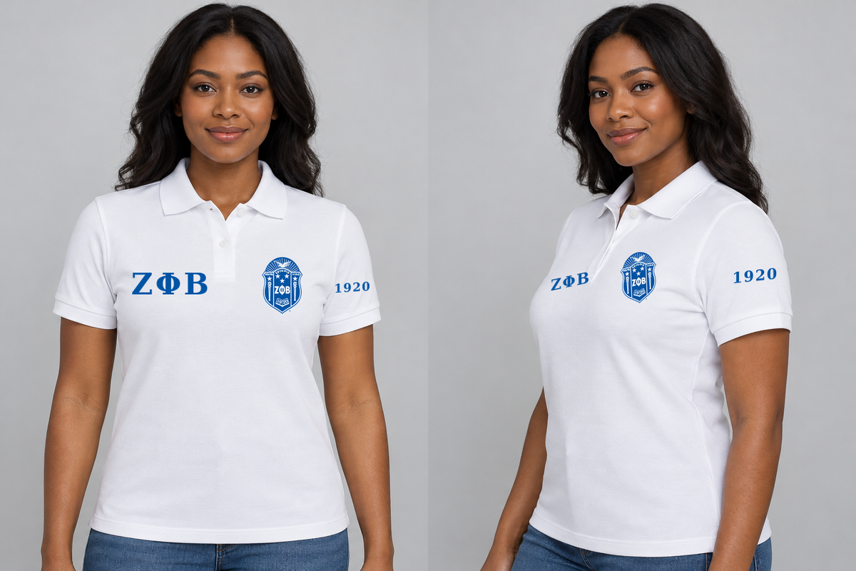 Zeta Phi Beta premium embroidered white solid polo on model - front and side