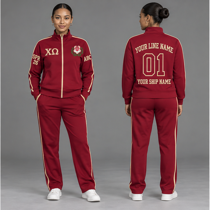 Chi Omega Cardinal and Straw personalized track suit on an adult model, original supplied crest and ΧΩ letters, sample line name, line number 01, ship name, crossing year and chapter initials.