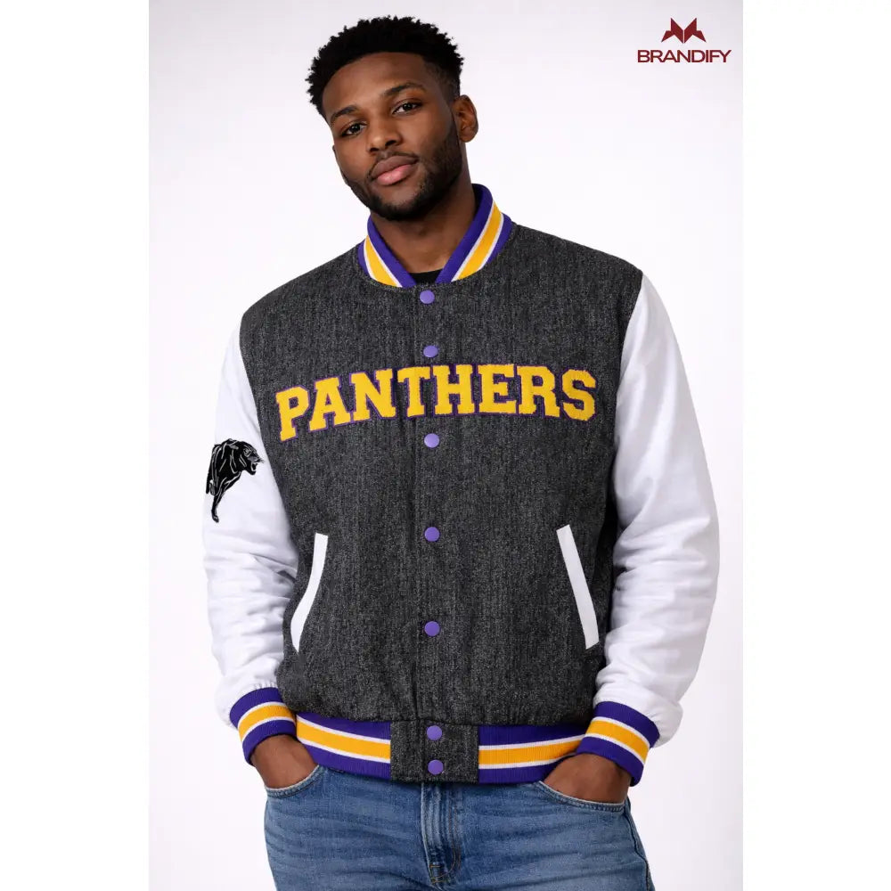 Custom Custom Prairie View A&M Black Denim Bomber Jacket | Custom D9 personalized Greek apparel design