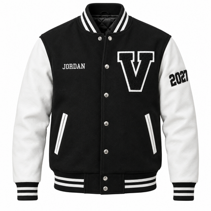 Premium custom black and white high school letterman jacket with genuine leather sleeves