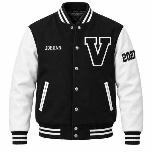 Premium custom black and white high school letterman jacket with genuine leather sleeves