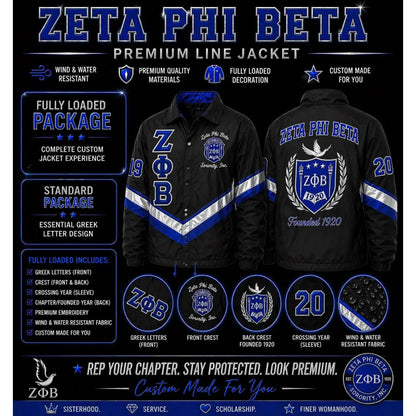 Red Zeta Phi Beta Custom Line Jacket with personalized front, back, and sleeve embroidery