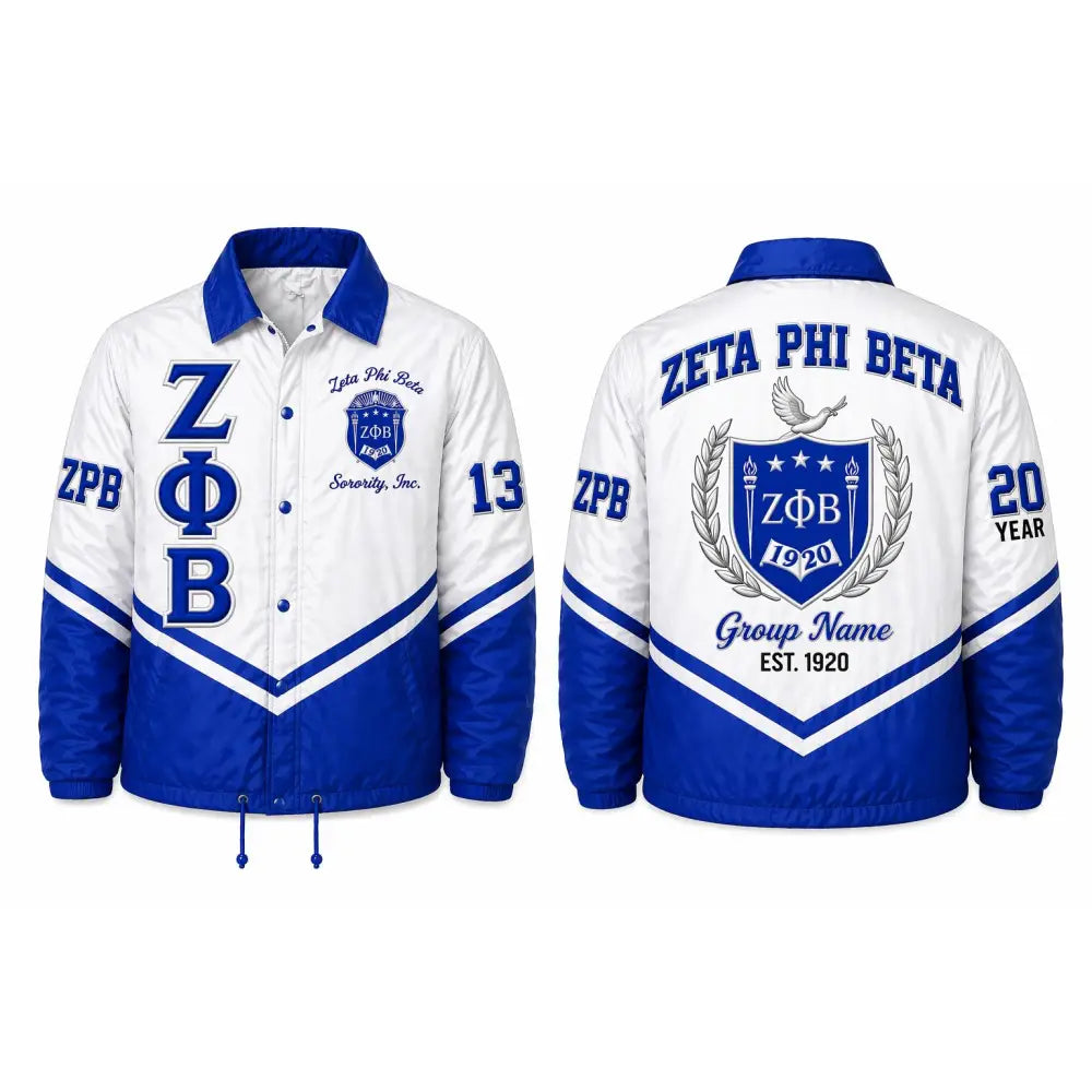 Royal Blue / White Zeta Phi Beta Custom Line Jacket with personalized front, back, and sleeve embroidery