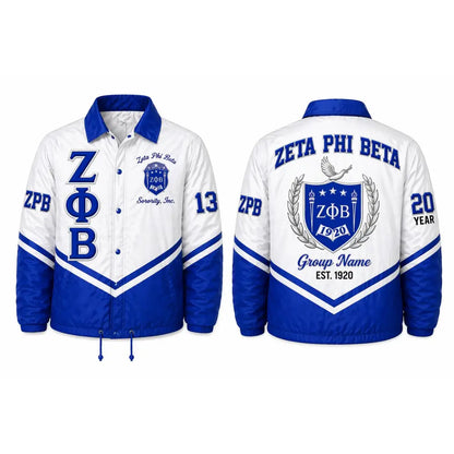 Royal Blue / White Zeta Phi Beta Custom Line Jacket with personalized front, back, and sleeve embroidery
