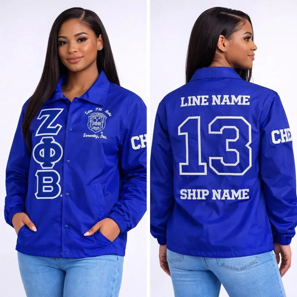Royal Blue / White Zeta Phi Beta Custom Line Jacket with personalized front, back, and sleeve embroidery