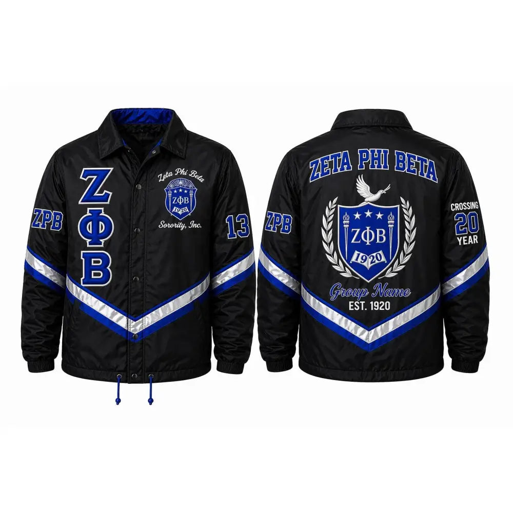 Royal Blue / White Zeta Phi Beta Custom Line Jacket with personalized front, back, and sleeve embroidery