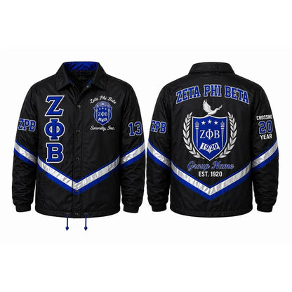 Royal Blue / White Zeta Phi Beta Custom Line Jacket with personalized front, back, and sleeve embroidery