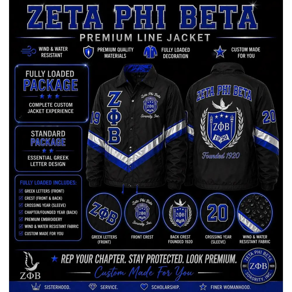 Royal Blue / White Zeta Phi Beta Custom Line Jacket with personalized front, back, and sleeve embroidery
