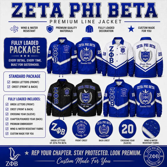 Royal Blue / White Zeta Phi Beta Custom Line Jacket with personalized front, back, and sleeve embroidery