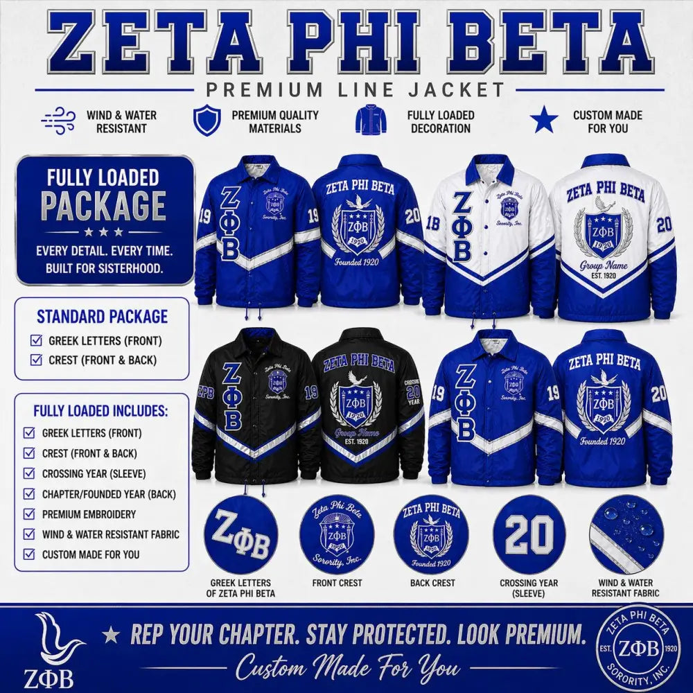 Royal Blue / White Zeta Phi Beta Custom Line Jacket with personalized front, back, and sleeve embroidery