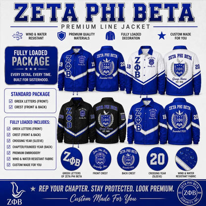 Royal Blue / White Zeta Phi Beta Custom Line Jacket with personalized front, back, and sleeve embroidery