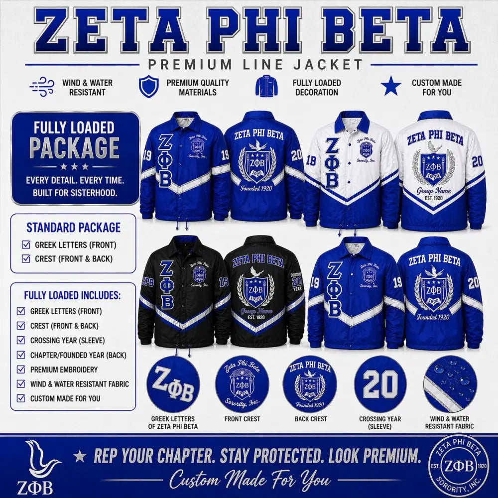 Red Zeta Phi Beta Custom Line Jacket with personalized front, back, and sleeve embroidery