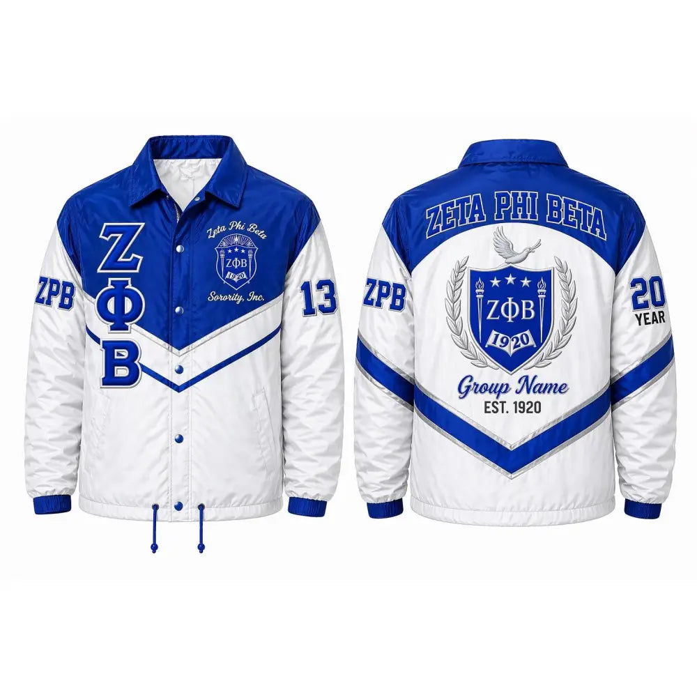 Royal Blue / White Zeta Phi Beta Custom Line Jacket with personalized front, back, and sleeve embroidery